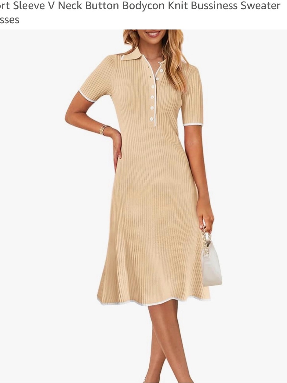 Beige Short-Sleeve Ribbed Polo Knit Dress